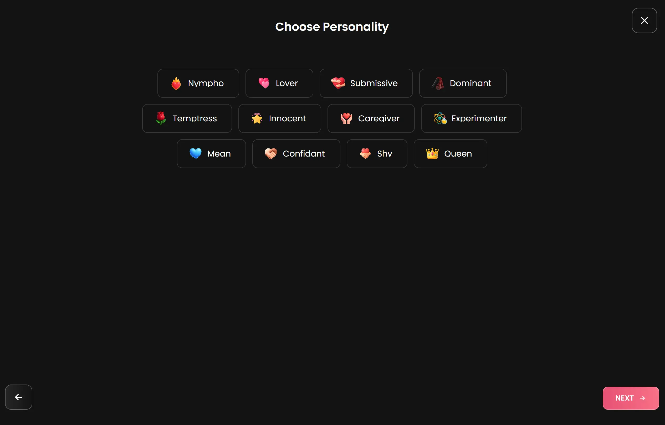 Selection screen showing AI girlfriend personalities like gamer girl, cozy bookworm, confident extrovert